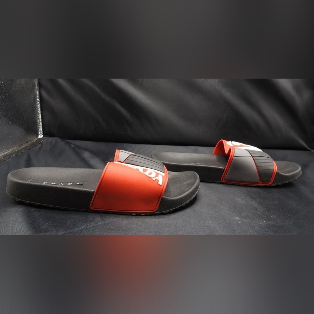 Prada Men's Black-Red Rubber Stripe Logo Sandals Slides Sz 6 - Picture 3 of 10